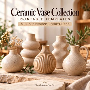 Pakiet szablonów ceramicznych wazonów w formacie PDF, 5 wzorów ceramicznych wazonów, szablony do budowy płyt do druku, przewodnik dla początkujących rzemieślników