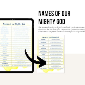 May include: A digital download titled "Names of our Mighty God" shown on a tablet and a printout. The design features a list of names with meanings and scripture references, set against a soft yellow watercolour background.