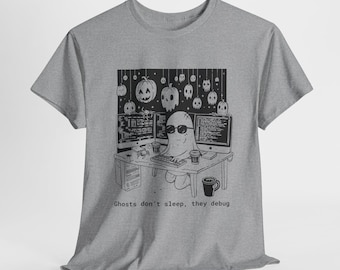面白いハロウィンプログラマーTシャツ、ゴーストデバッグコーディングTシャツ、ソフトウェア開発者コスチュームシャツ、不気味なオフィスユーモアギフトアイデア