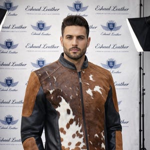 Men’s Brown Cowhide Leather Jacket – Genuine Patchwork Hide Biker Coat