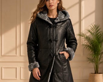 Women Black Shearling Leather Coat Hooded Fur Lined Leather Jacket Winter Coat Women Warm Leather Coat Luxury Winter Jacket