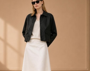 Womens Black Cropped Leather Jacket Minimalist Leather Coat Chic Short Jacket Gift For Her