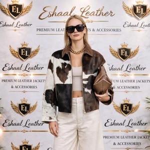 Women’s Cowhide Leather Western Jacket Brown White Patchwork Vintage Style