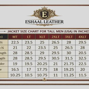 May include: A jacket size chart for tall individuals by Eshaal Leather, featuring a table with measurements in inches for sizes MT through 5XLT. The chart lists dimensions for chest, bottom, sleeve length, back length, shoulder, muscle, and cuff.