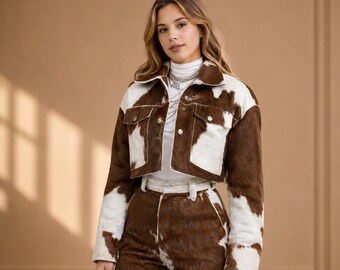 Womens Cowhide Leather Jacket Set Western Cow Print Cropped Jacket Rodeo Outfit Cowgirl Matching Set