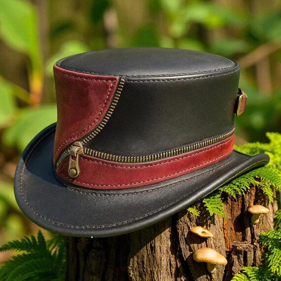 Black Red Leather Steampunk Top Hat – Handmade Gothic  display picture 1