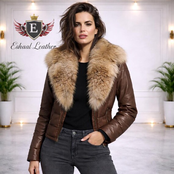 Women Brown Leather Jacket with Fur Collar, Winter Leather Coat Custom Leather Jacket