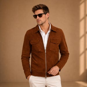 Mens Brown Suede Leather Jacket Genuine Leather Trucker Jacket Casual Zip Up Jacket Handmade Gift For Him