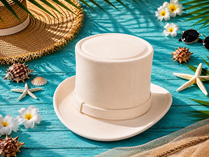 May include: A cream-colored top hat with a band, resting on a turquoise surface. The hat is surrounded by seashells, starfish, flowers, sunglasses, and a straw hat, suggesting a beach or vacation theme.