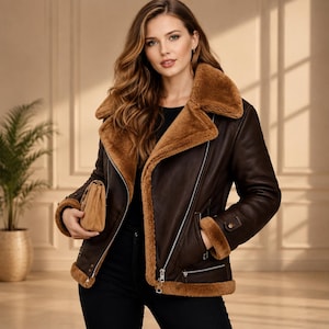 Women Shearling Leather Jacket Brown Biker Jacket Fur Lined Leather Coat Winter Jacket Women Warm Aviator Jacket