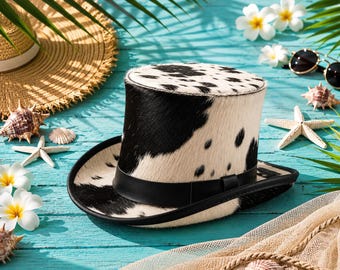 Cowhide Top Hat Western Cowboy Hat Black White Cow Print Hat Festival Hat Ranch Cowgirl Hat