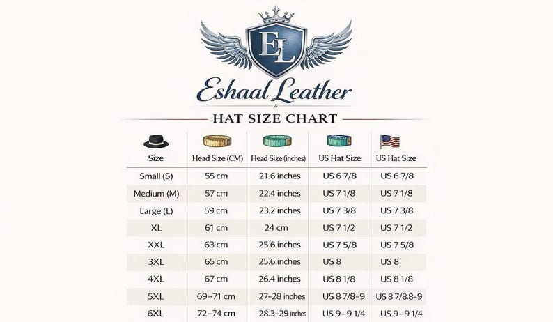 May include: A hat size chart from Eshaal Leather, with sizes from Small (55 cm, 21.6 inches) to 6XL (72-74 cm, 28.3-29 inches). Includes US hat sizes and a logo with wings.
