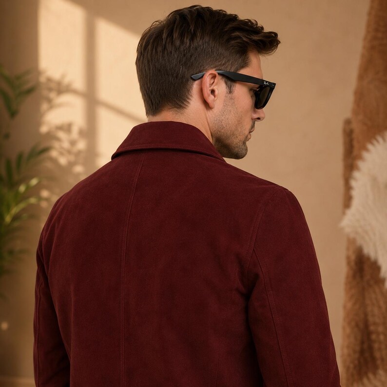 May include: A deep burgundy jacket with a textured suede-like finish, featuring a structured collar and a vertical seam down the back. The garment is worn with black-framed sunglasses that have dark lenses, viewed from a side profile angle.