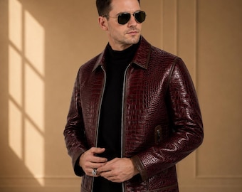 Chaqueta de piel de cocodrilo burdeos para hombre, abrigo de lujo de piel con relieve de cocodrilo, chaqueta hecha a mano.
