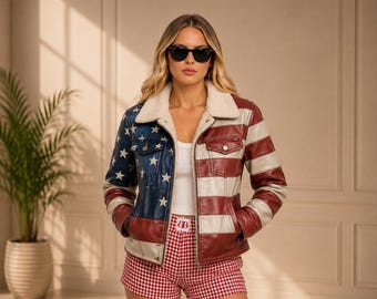 USA Flag Leather Jacket Women, American Flag Biker Jacket, Gift For Her