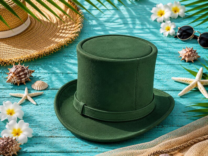 May include: A dark green top hat with a matching band sits on a turquoise wooden surface, surrounded by seashells, starfish, and flowers. A straw hat and sunglasses are also visible, suggesting a beach or vacation theme.
