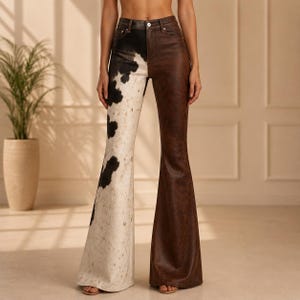 Cow Print Flare Pants Women Leather Bell Bottom Pants High Waist Western Style Cowhide Patchwork Pants Retro Flared Trousers