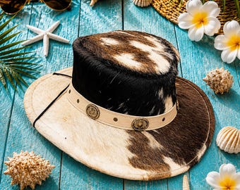 Handmade Cowhide Cowboy Hat – Western Rodeo Hat with Genuine Fur and Leather Band