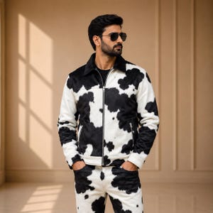 Könnte beinhalten: Eine schwarz-weiß gefleckte Kuhfelljacke mit passender Hose. Die Jacke hat einen schwarzen Kragen und einen Reißverschluss. Die Hose hat ein passendes Kuhfellmuster. Ein einzigartiges und stilvolles Outfit.