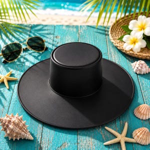 Puede incluir: Un sombrero negro para el sol con ala ancha y corona cil&iacute;ndrica descansa sobre una superficie de madera azul desgastada. Gafas de sol con montura dorada y estrellas de mar est&aacute;n cerca. Una cesta tejida con flores blancas y conchas marinas completan la escena.
