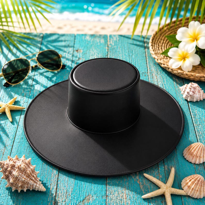 Puede incluir: Un sombrero negro para el sol con ala ancha y corona cil&iacute;ndrica descansa sobre una superficie de madera azul desgastada. Gafas de sol con montura dorada y estrellas de mar est&aacute;n cerca. Una cesta tejida con flores blancas y conchas marinas completan la escena.