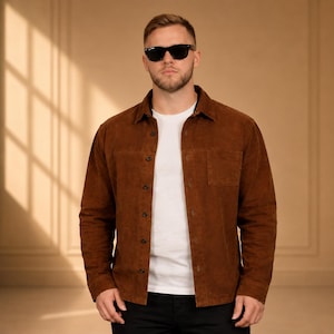 Könnte beinhalten: Ein braunes Wildlederhemd mit Knopfleiste und zwei Brusttaschen. Das Hemd wird über einem weißen T-Shirt getragen und mit einer schwarzen Hose kombiniert. Die Person trägt eine schwarze Sonnenbrille.