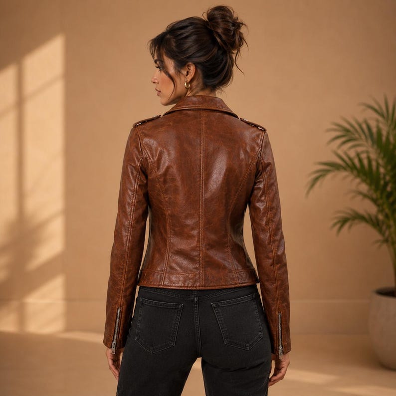 K&ouml;nnte beinhalten: Braune Lederjacke mit klassischem Design. Die Jacke hat einen Reverskragen, Rei&szlig;verschlussdetails an den &Auml;rmeln und eine taillierte Passform. Die Jacke wird mit schwarzen Jeans getragen.