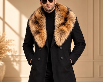 May include: A black double-breasted coat featuring a large, thick, brown and tan faux fur collar. The coat has long sleeves, a structured fit, and dark buttons down the front. It is worn over a black turtleneck sweater and dark sunglasses.