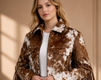 Womens Cowhide Fringe Leather Jacket Western Cow Print Jacket Rodeo Cowgirl Fringe Coat Cropped Ranch Style Jacket