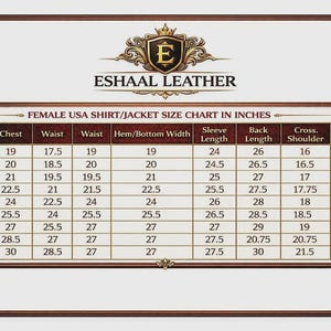 K&ouml;nnte beinhalten: Eine Gr&ouml;&szlig;entabelle von Eshaal Leather mit der &Uuml;berschrift FEMALE USA SHIRT/JACKET SIZE CHART IN INCHES. Die Tabelle listet Gr&ouml;&szlig;en von XS bis 5XL mit den entsprechenden Ma&szlig;en in Zoll f&uuml;r Brust, Taille, Saum, &Auml;rmell&auml;nge, R&uuml;ckenl&auml;nge und Schulterbreite auf.