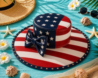 USA Flag Wide Brim Hat Women Patriotic Leather Hat 4th July Outfit