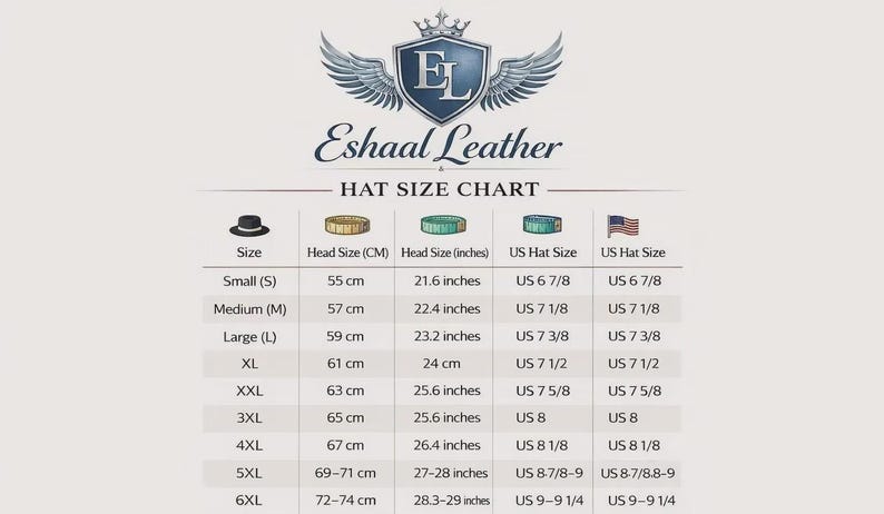 May include: A hat size chart from Eshaal Leather, with sizes ranging from Small to 6XL. The chart includes head sizes in centimeters and inches, along with corresponding US hat sizes. The chart also features the Eshaal Leather logo.