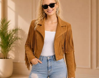 Western Fringe Suede Jacket Women, Cowgirl Fringe Jacket, Brown Suede Leather Jacket, Western Leather Coat