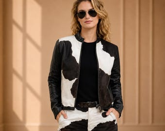 Women’s Cow Print Leather Jacket Set Western Cowhide Outfit Matching Cowgirl Leather Pants Set