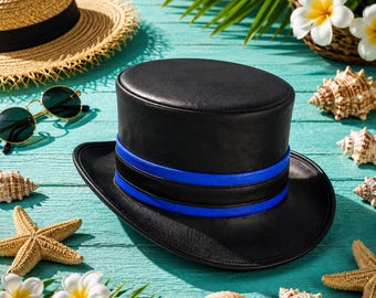 Black and Blue Leather Top Hat Handmade Steampunk Gothic Cosplay Hat
