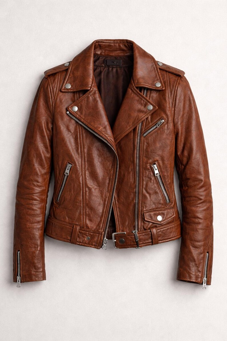 K&ouml;nnte beinhalten: Braune Lederjacke im klassischen Biker-Stil. Die Jacke hat einen Reverskragen, einen asymmetrischen Rei&szlig;verschluss, mehrere Rei&szlig;verschlusstaschen und silberfarbene Hardware. Die &Auml;rmel haben Rei&szlig;verschlussmanschetten und die Taille einen G&uuml;rtel mit Schnalle.
