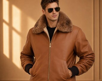 Mens Brown Bomber Leather Jacket Fur Collar Winter Leather Jacket Aviator Pilot Jacket Gift For Him