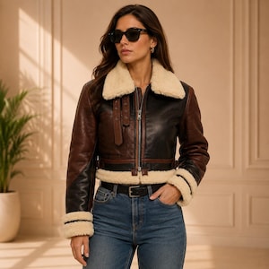 May include: A cropped leather jacket featuring a color-blocked design in black and dark brown, accented with a cream-colored faux shearling collar and cuffs. The jacket includes a front zipper closure, a buckled strap detail, and a black waist belt.