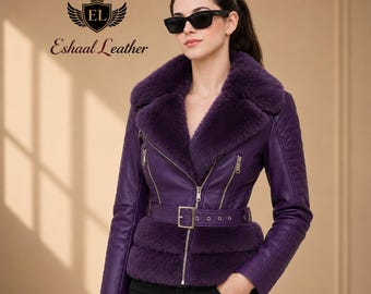 Women Purple Fur Leather Jacket Luxury Shearling Moto Biker Coat Winter Leather Jacket