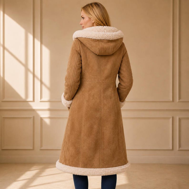 May include: A long, tan coat with a hood and cream-coloured shearling lining. The coat has a tailored fit, with a flared skirt and shearling trim on the cuffs and hem. The model is wearing blue jeans.