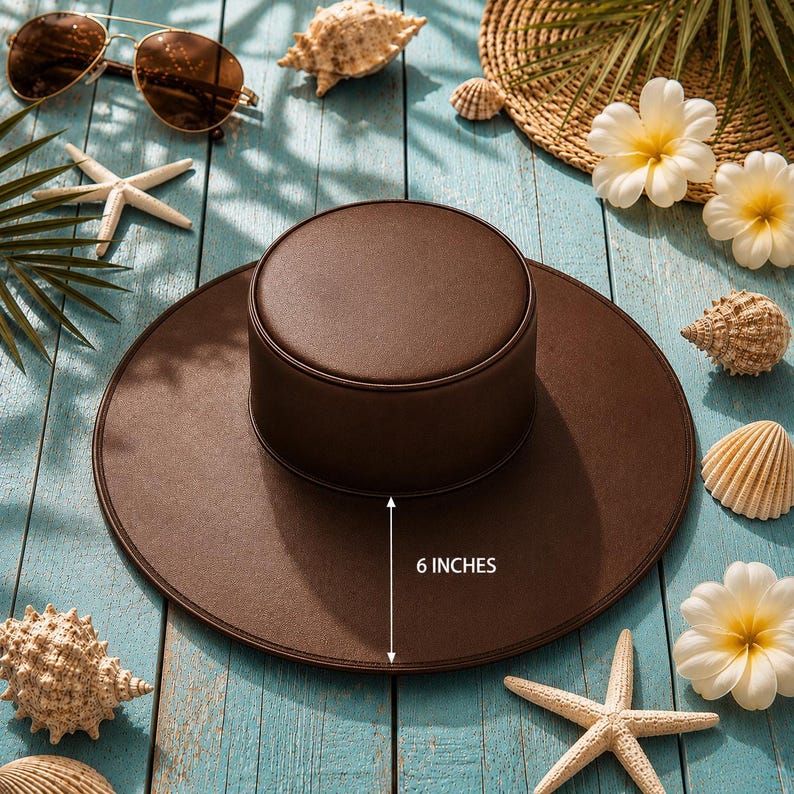 Puede incluir: Un sombrero marr&oacute;n con copa redonda y ala ancha, de 15 cm de altura. El sombrero se exhibe sobre una superficie de madera azul, rodeado de conchas marinas, estrellas de mar y gafas de sol, evocando un tema playero.