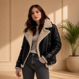 Women Black Shearling Biker Leather Jacket Fur Lined Aviator Jacket Winter Leather Jacket Warm Shearling Coat Women