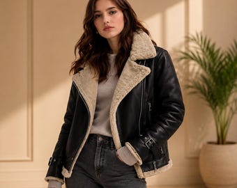 Women Black Shearling Biker Leather Jacket Fur Lined Aviator Jacket Winter Leather Jacket Warm Shearling Coat Women