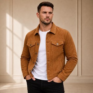 Könnte beinhalten: Eine braune Wildlederjacke mit zwei Brusttaschen und Knopfverschlüssen. Die Jacke wird über einem weißen T-Shirt und mit schwarzen Jeans getragen. Die Jacke hat einen klassischen, lässigen Stil.