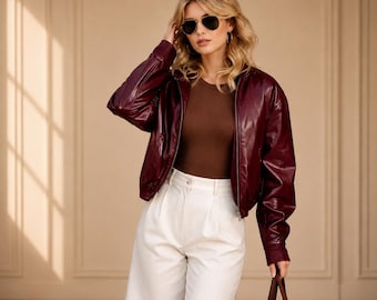 Women’s Burgundy Leather Bomber Jacket Cropped Leather Jacket Vintage Oversized Coat