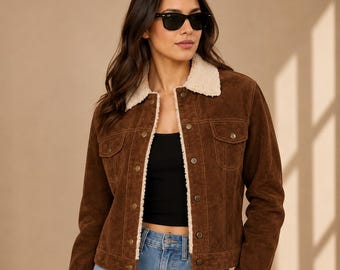 Women's Brown Suede Shearling Jacket | Cropped Leather Trucker Jacket | Sherpa Collar Coat | Western Leather Jacket | Gift For Her