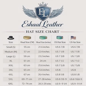 Puede incluir: Tabla de tallas de sombreros de Eshaal Leather, con tallas que van desde la Small (55 cm, 21.6 pulgadas) hasta la 6XL (72-74 cm, 28.3-29 pulgadas). Incluye tallas de sombreros de EE. UU. y una ilustraci&oacute;n de sombrero.