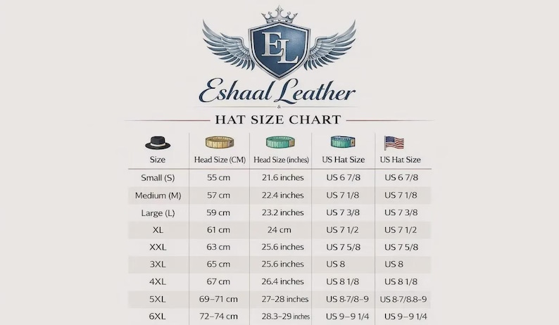 Puede incluir: Tabla de tallas de sombreros de Eshaal Leather, con tallas que van desde la Small (55 cm, 21.6 pulgadas) hasta la 6XL (72-74 cm, 28.3-29 pulgadas). Incluye tallas de sombreros de EE. UU. y una ilustraci&oacute;n de sombrero.