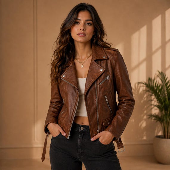 Women Brown Leather Biker Jacket Vintage Moto Jacket Distressed Leather Jacket Motorcycle Jacket Cafe Racer Coat
