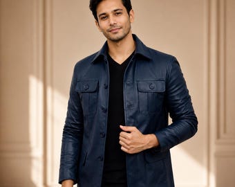 Mens Blue Leather Blazer Jacket Casual Button Up Leather Coat Smart Casual Leather Jacket Gift for Him